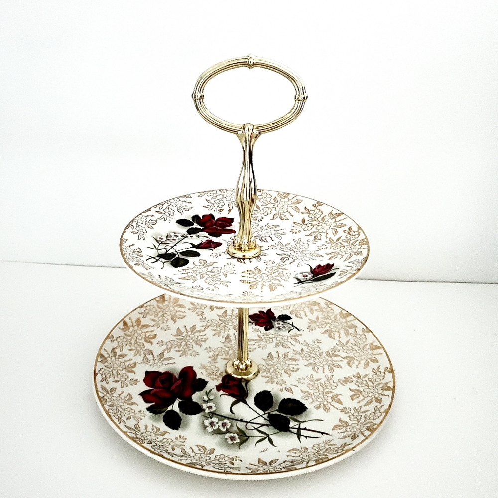 Vintage AYNSLEY ENGLAND Crimson Rose  Floral Two-Tiered Serving Tray Silver Tone